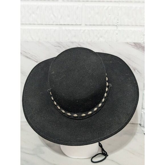 Top This Inc Men's Black 100% Wool Drawstring Broad Brim Silver Studded Hat - Picture 5 of 6